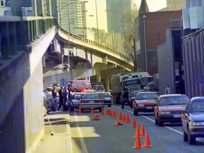The scene where the robbers disguised as workers stole the van and the cash.