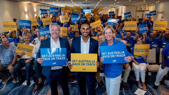 LNP McPherson candidate Leon Rebello launching his campaign at Currumbin RSL with MPs Cameron Caldwell and Angie Bell on Sunday, February 9, 2025