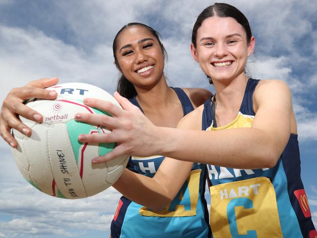 Titans netballers Talitah FaiFai and Peta Coles at Kurrawa after the announcement of the 2023 state league teams. Picture Glenn Hampson