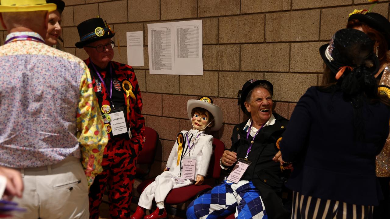Sir Archibald Stanton of the Official Monster Raving Loony Party attends the count for the Richmond and Northallerton constituency during the UK general election. (Photo by Darren Staples - WPA Pool/Getty Images)