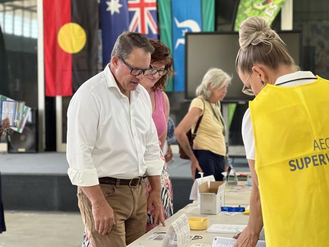 Solomon MP Luke Gosling and wife Kate vote at Parap Primary School on May 3, 2025. Picture: Fia Walsh