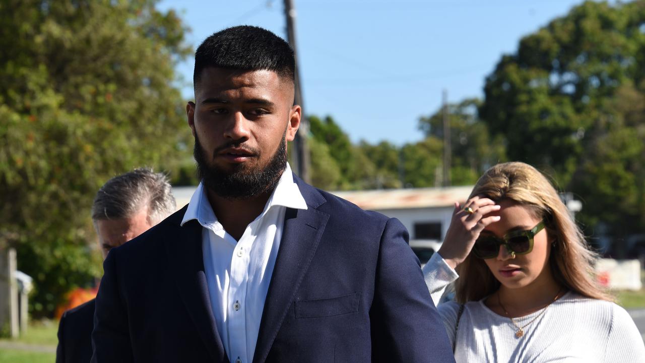 Payne Haas and his girlfriend Leilani Mohenoa arrive at court. Haas’s defence lawyer said his client had a difficult upbringing and he was unable to process the grief caused by the loss of his brother last year. Picture: NCA NewsWire / Steve Holland