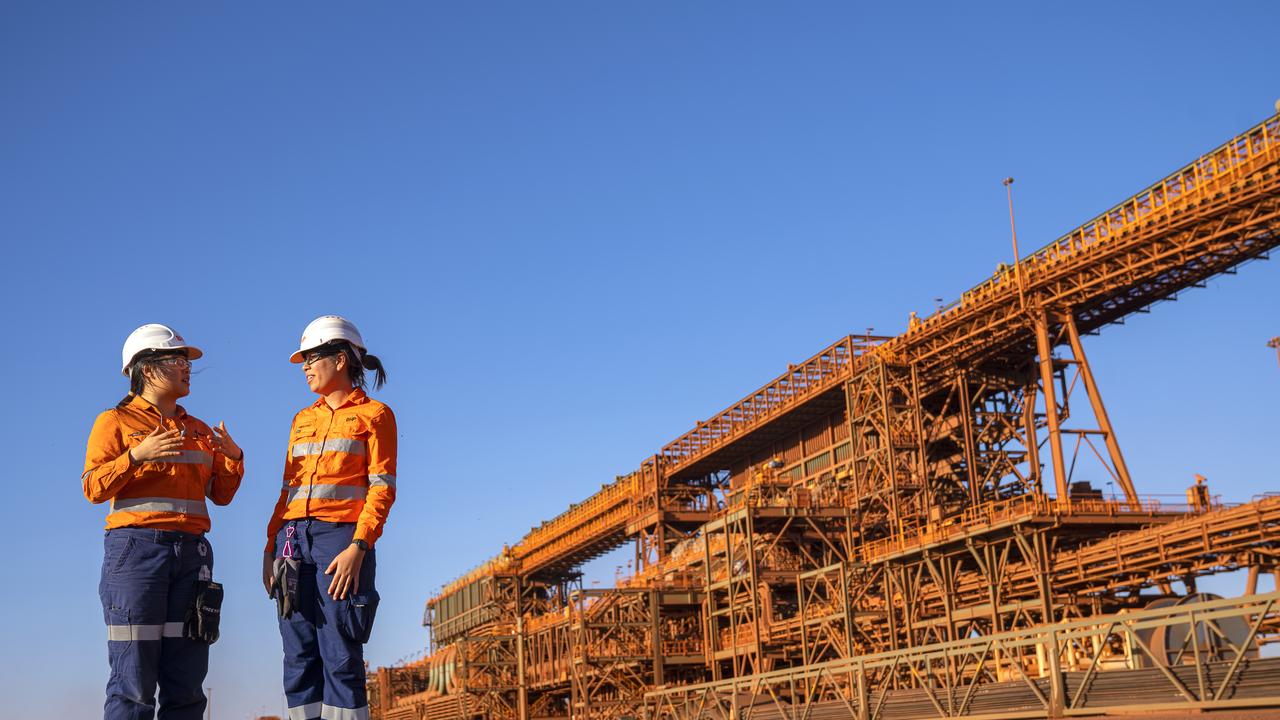 Engineer Reita Guo and Technical Specialist Annaleise Prowse at BHP’s Jimblebar iron ore mine in the Pilbara region, Western Australia. Picture: Evan Collis