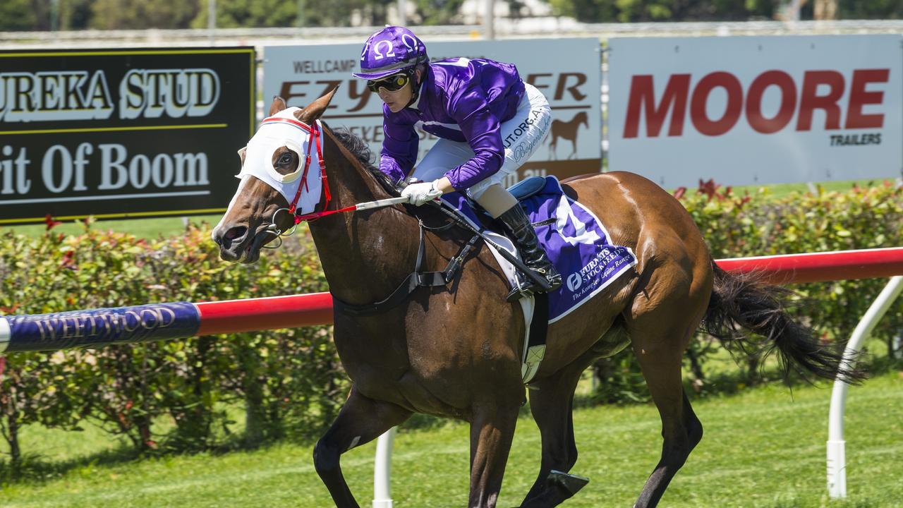 Front Page News and Skye Bogenhuber win race one on Melbourne Cup race day at Clifford Park racecourse, Tuesday, November 3, 2020. Picture: Kevin Farmer