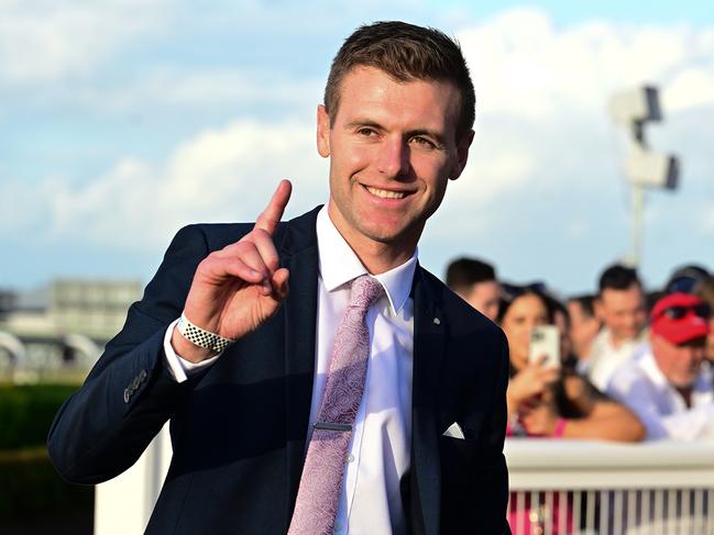 Giga Kick wins the Group 1 Doomben 10,000 for trainer Clayton Douglas and jockey Craig Williams. Picture: Grant Peters - Trackside Photography.