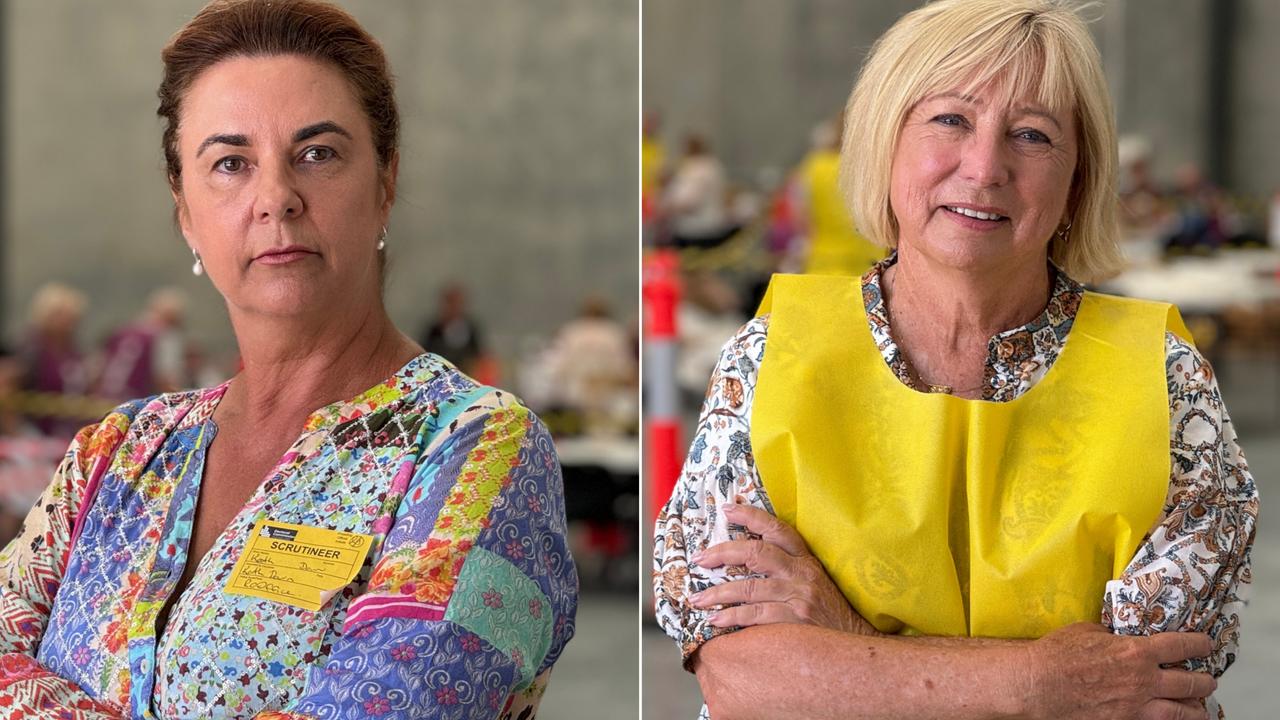 Kath Down and Gail O’Neill outside the poll count for the 2024 local government election.