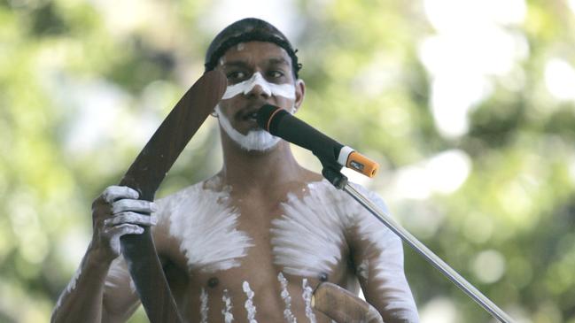 Marun Fourmile performing at a NAIDOC event – he provided a welcome to country in the Minjil language ahead of the Path to Treaty committee meeting in Cairns.