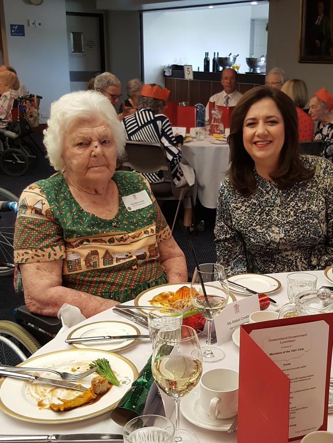 Mabel Crosby on her 110th birthday, with Premier Annastacia Palaszczuk, at TriCare Sunnybank Hills aged care facility in 2019