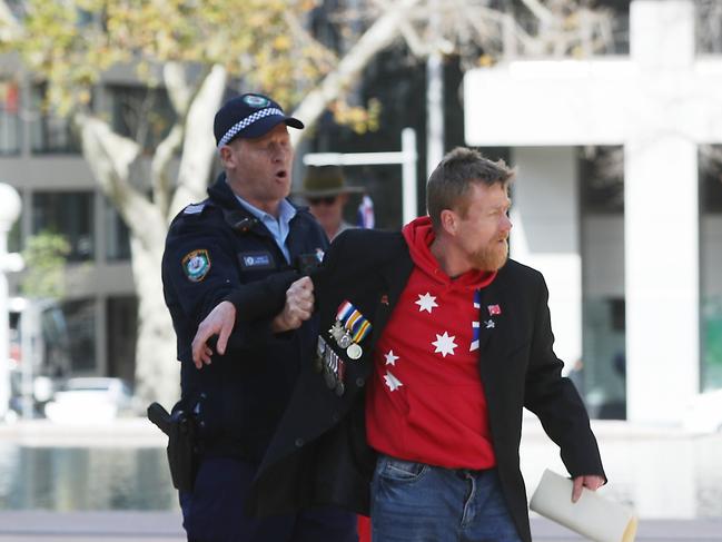 United Kingdom Of Australia demonstrators gather outside the War Memorial in Hyde Park Pic: John Grainger