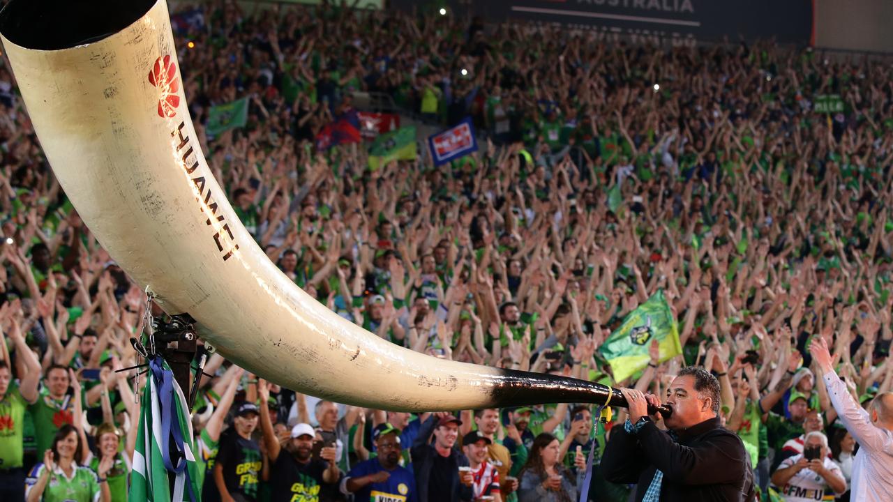 Mal Meninga leading the viking clap at the 2019 NRL Grand Final between the Sydney Roosters and Canberra Raiders at ANZ Stadium, Sydney Olympic Park. Picture: Jonathan Ng