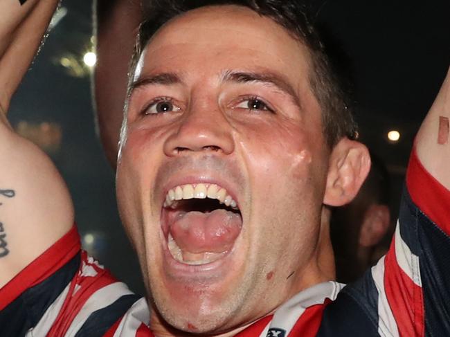 Cooper Cronk celebrates victory at full time after the 2019 NRL Grand Final between the Sydney Roosters and Canberra Raiders at ANZ Stadium, Sydney. Picture: Brett Costello