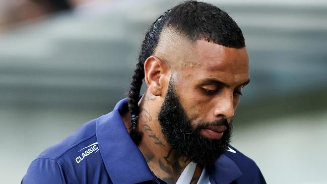 SYDNEY, AUSTRALIA - MARCH 09: Josh Addo-Carr of the Bulldogs stands on the side-line with his arm in a sling during the round one NRL match between Parramatta Eels and Canterbury Bulldogs at CommBank Stadium, on March 09, 2024, in Sydney, Australia. (Photo by Brendon Thorne/Getty Images)