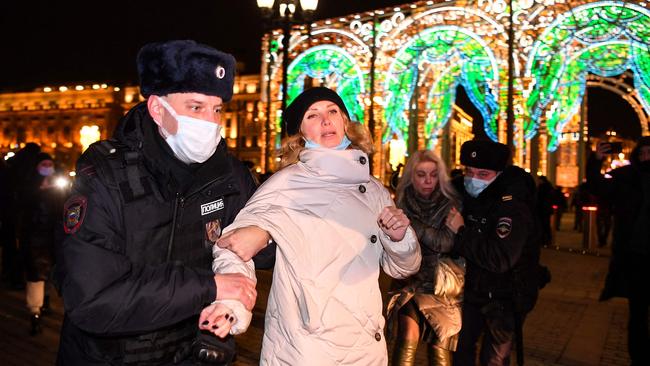 Police officers detain women during a protest against Russia's invasion of Ukraine in central Moscow on March 2, 2022. Picture: Natalia Kolesnikova/AFP