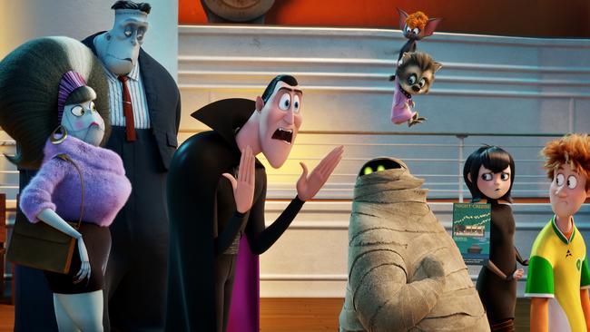 Eunice (Fran Drescher) and Frank (Kevin James), Dracula (Adam Sandler), Murray the Mummy (Keegan-Michael Key), Mavis (Selena Gomez), Jonathan (Andy Samberg) in Hotel Transylvania 3: Summer Vacation. Picture: Supplied.