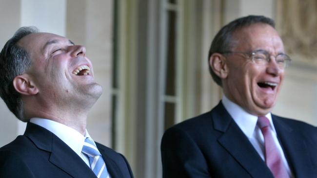 Iemma (left) taking over the premiership from Bob Carr in 2005. Picture: AAP Image