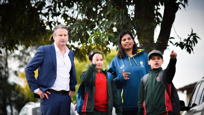 Campbelltown MP Greg Warren meets Ethan Forwood with his sister Isabella and mother Alex.