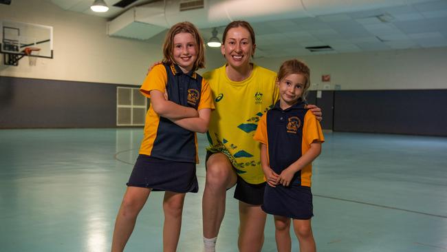 Charlotte Parker, Natalie Burton and Lucy Parker as Olympians run training drills with Katherine kids at the YMCA as part of Olympics Unleashed program. Picture: Pema Tamang Pakhrin