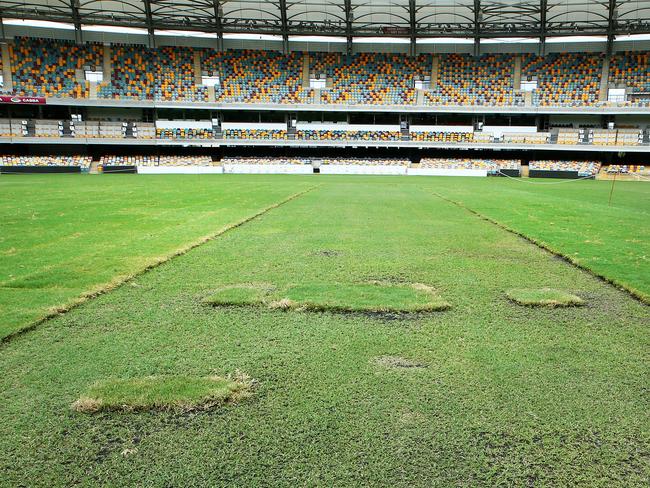 The damaged Gabba wicket. Picture: Liam Kidston