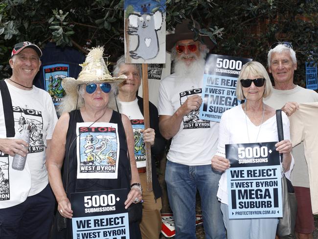 Raphael Leecass, Jenny Bannister, Jim Beatson, Paul Belin, Rob and Linda O'Brien outside the JRPP public meeting on one of two proposed West Byron developments in October, 2018.