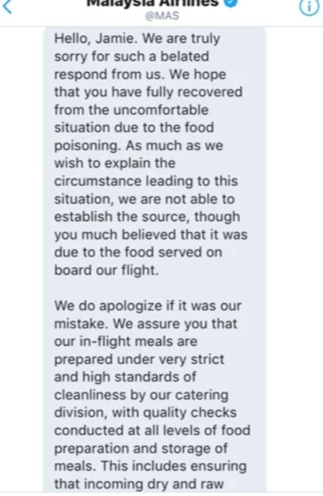 The airline’s response and its reference to food poisoning — which Mr Farrar didn’t have — made him think it didn’t understand the situation at all.