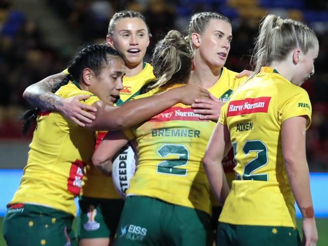 Sam Bremner celebrates one of her four tries for the Jillaroos in 2022. Picture: NRL Imagery