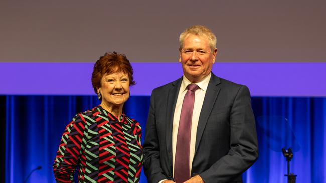 Outgoing AMP chair Debra Hazelton,left, and incoming chair Mike Hirst at the company's 2024 AGM in Sydney.