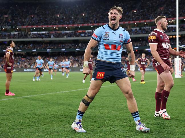 Zac Lomax’s emotion after scoring for NSW on the MCG. Should the AFL bring back State of Origin? Picture: Cameron Spencer/Getty Images.