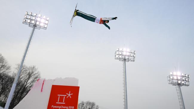 Laura Peel jumps during freestyle aerials training at Phoenix Snow Park in PyeongChang. Picture: AAP