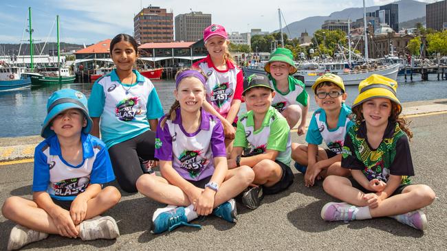 Woolworths Cricket Blast first XI in Hobart prior to the BBL Grand Final. L-R Oliver Anderson, 6, from SA, Rasika Zika Syan, 8, VIC, Frankie Mountney, 8, TAS, Lily Tozer, 10, NSW, Julian Cashman, 8, NSW, Sam Harman, 12, VIC, Joseph Wijenayake, 7 QLD, and Emma de Carvalho, 6, ACT. Picture: Linda Higginson