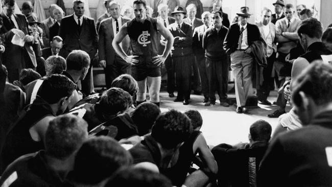 Former Carlton Blues captain-coach Ron Barassi addressing the players before a 1965 practice match.