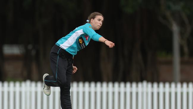 Lilli Hamilton of the Heat bowls during the T20 Spring Challenge match between ACT Meteors and Brisbane Heat at Allan Border Oval, on October 14, 2024, in Sydney, Australia. (Photo by Mark Metcalfe/Getty Images)