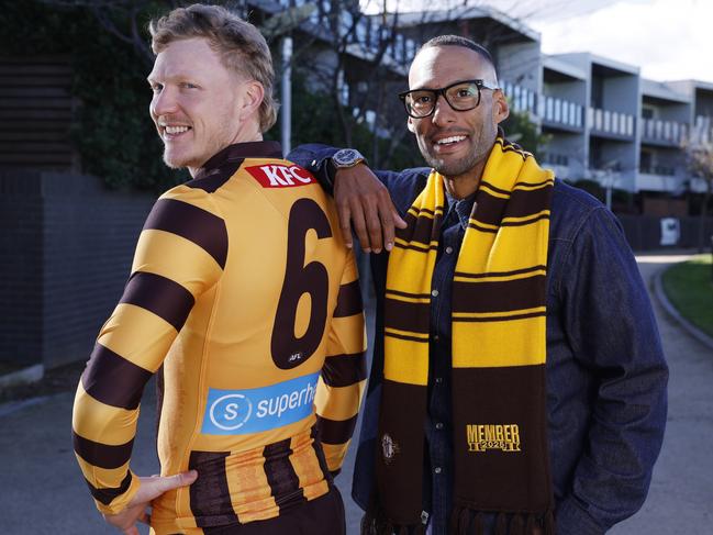 Hawthorn skipper James Sicily who currently wears 6 with Josh Gibson who previously wore the number. Picture: Michael Klein