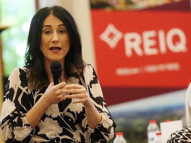 REIQ CEO Antonia Mercorella speaking with local real estate industry members at the Colonial Club. Picture: Stewart McLean