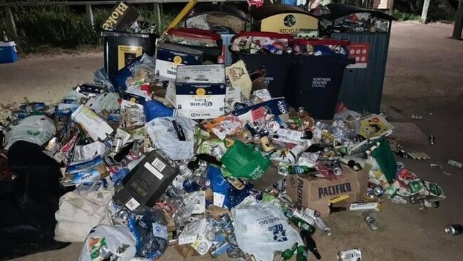 Rubbish left behind by revellers on reserves near Freshwater Beach that was collected by residents early on Sunday morning. Picture: Elke Black