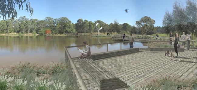 Artist’s impression of the lake and boardwalk at the proposed Macarthur Memorial Park in Varroville.