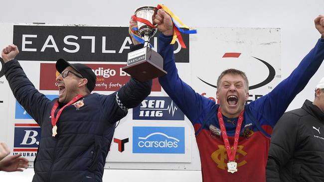 Fairpank coach Sean Stanton and captain Jesse Pearce hold the 2019 Division 4 cup aloft. Picture: Andy Brownbill