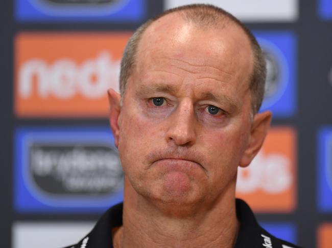 BRISBANE, AUSTRALIA - SEPTEMBER 05: West Tigers coach Michael Maguire speaks to the media after his team's defeat during the round 25 NRL match between the Wests Tigers and the Canterbury Bulldogs at Moreton Daily Stadium, on September 05, 2021, in Brisbane, Australia. (Photo by Albert Perez/Getty Images)