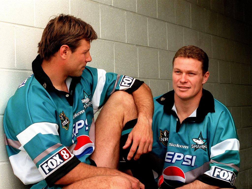 Former Sharks players Andrew Ettingshausen (L) & Mitch Healey (R). Picture: Brett Costello