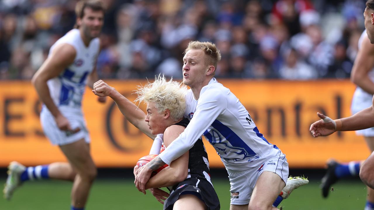 Jack Ginnivan, who won a free kick from this Jaidyn Stephenson tackle, could be directly affected by the AFL’s rule clarification. Picture: Getty Images