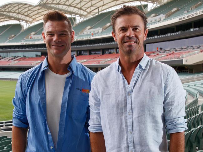 Former Aussie cricketer Greg Blewett, right, will join Triple M’s The Rush Hour drivetime sports show in 2021. Here he’s pictured with Triple M’s Rhett Biglands at Adelaide Oval. Picture: MATT TURNER.