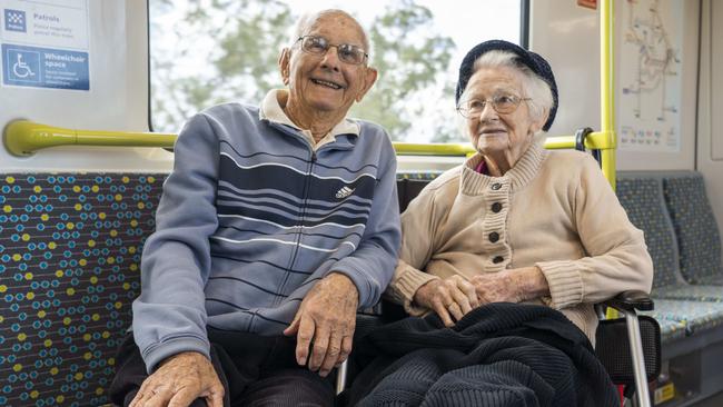 Railway enthusiasts Russell and Joan de la Motte have a long history working with trains across Sydney and were also on the first service. Picture: AAP/Matthew Vasilescu