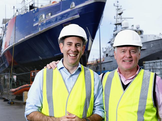 Federal Treasurer Jim Chalmers has visited the Cairns Marine Precinct, to promote the $360 million expansion to the industry, equally funded by the federal and state governments. Treasurer Jim Chalmers and Member for Cairns Michael Healy inspect two Australian Border Force ships currently undergoing maintainence at the Marine Precinct. Picture: Brendan Radke