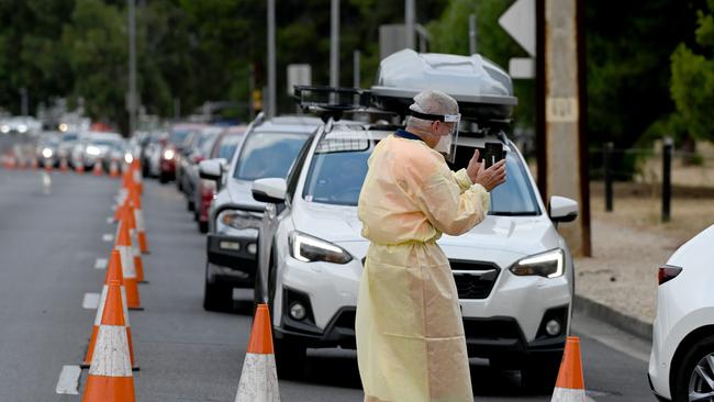 Queues formed at the rapid antigen test “supersite” at The Josie Agius Park/Wikaparntu Wirra (Park 22) as it opened on Thursday. Picture: Naomi Jellicoe