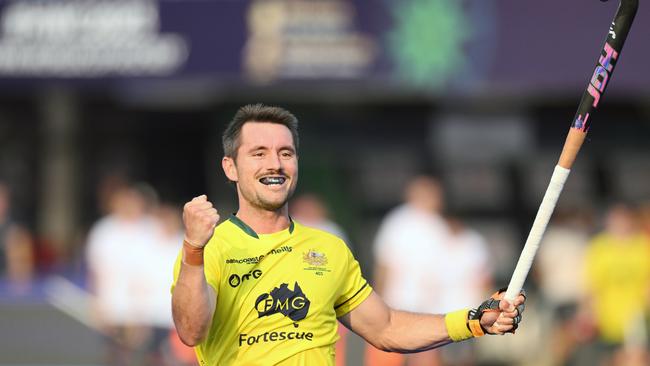 Jeremy Hayward celebrates after scoring goal for Australia. (Photo by WorldSportPics/Frank Uijlenbroek)