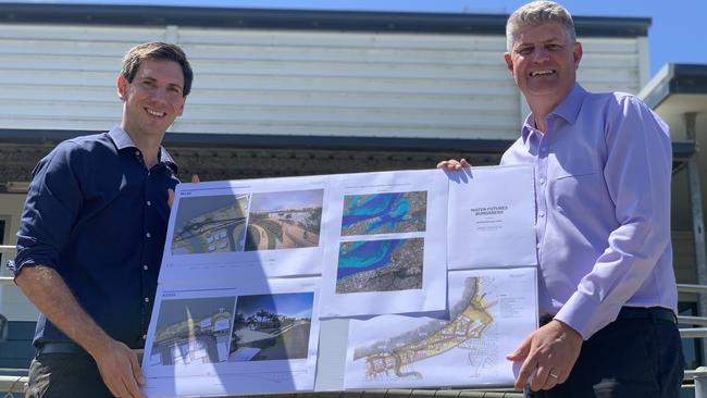 Minister for Local Government Stirling Hinchliffe announce a $42.5 million commitment for the Bundaberg East flood levee with Labor candidate Tom Smith earlier this year. Photo: Geordi Offord