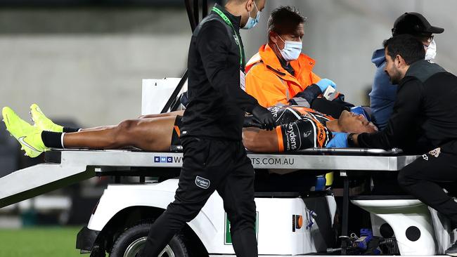 Michael Chee-Kam was taken from the field after being concussed in a tackle at Bankwest Stadium. Picture: Phil Hillyard