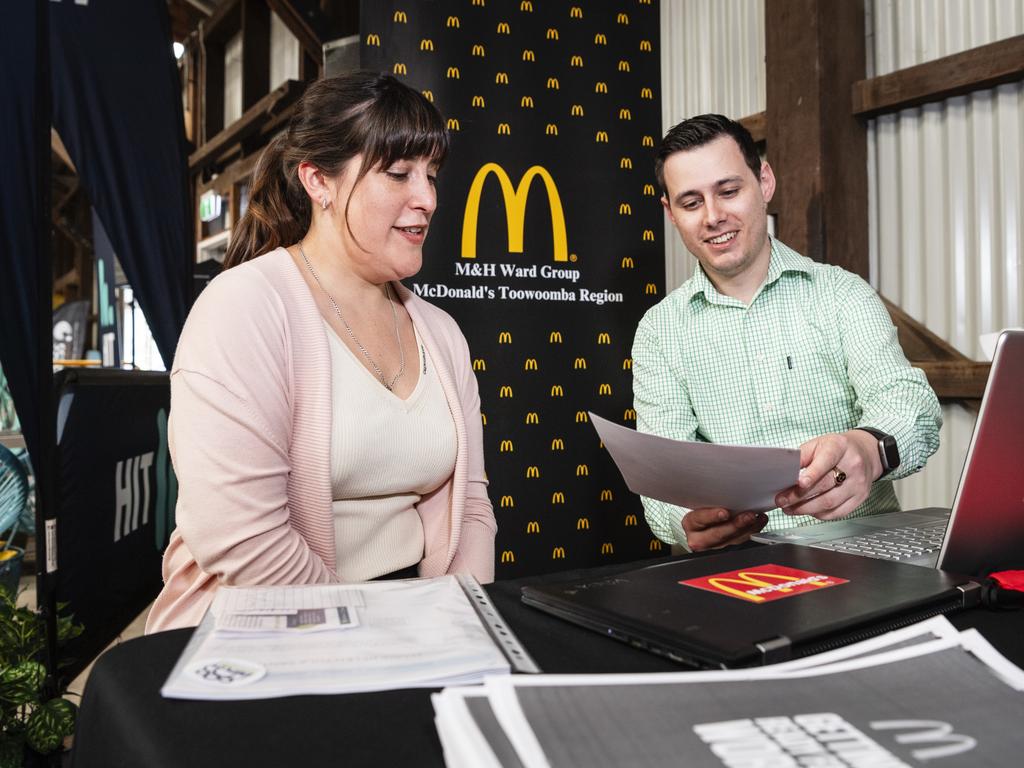 Job seeker Maria Tula chats to M&amp;H Ward Group HR director Joshua Bamford about opportunities at McDonald's at the expo. Picture: Kevin Farmer