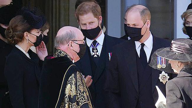 Prince Harry and Prince William walking together after the funeral service for Prince Philip. Picture: BBC