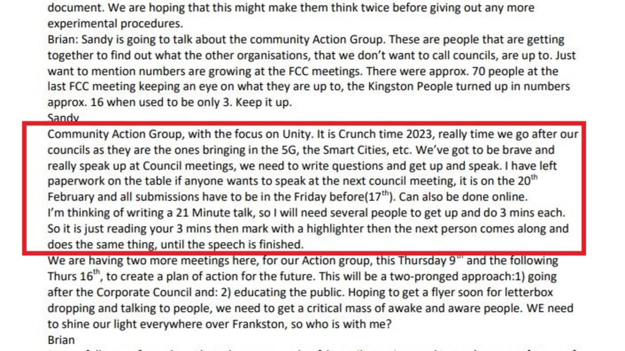 The minutes from the My Place Frankston community meeting, held on February 1, reveals a concerted plan to disrupt local council proceedings with objections to any 15-minute city proposals.