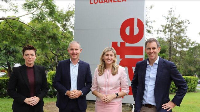 ALP candidate for Forde Rowan Holzberger, second left, with Rankin ALP candidate and Opposition Treasurer Jim Chalmers and Macalister MP Melissa McMahon and Waterford MP Shannon Fentiman.